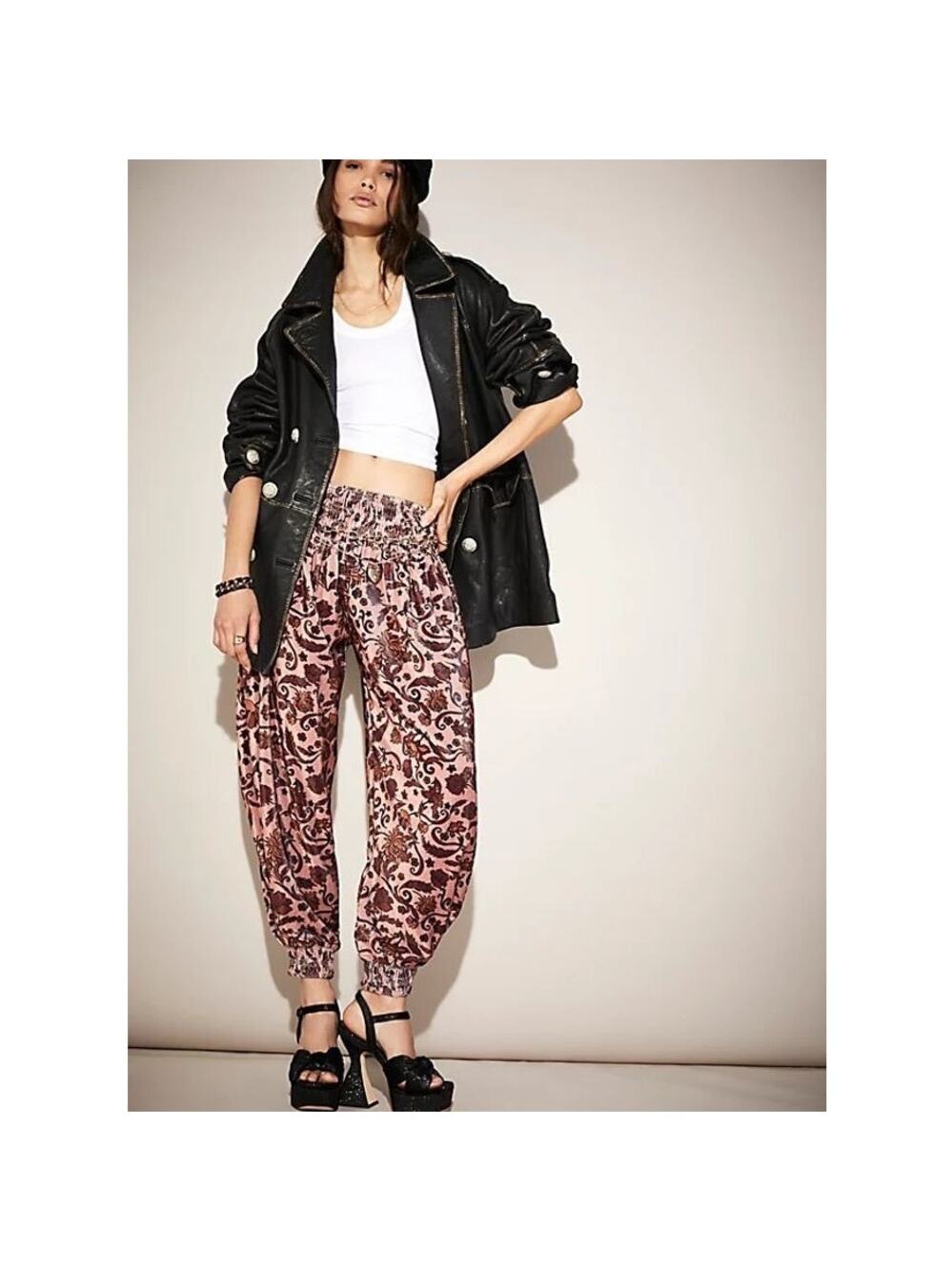 Free People FP One Marla Velvet Harem Pants XS Floral Barrel Smocked Boho Retro